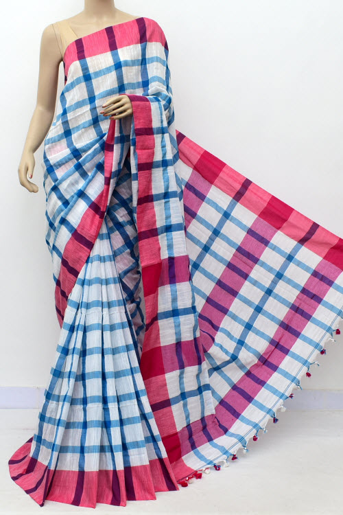 Red-Blue Handloom Soft Cotton Tant Saree