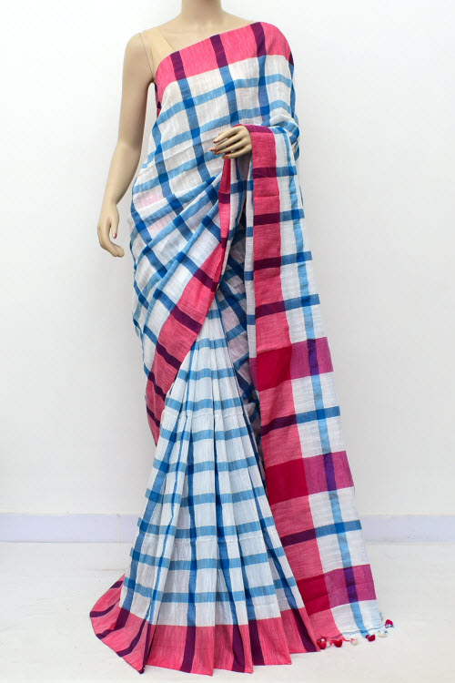 Red-Blue Handloom Soft Cotton Tant Saree