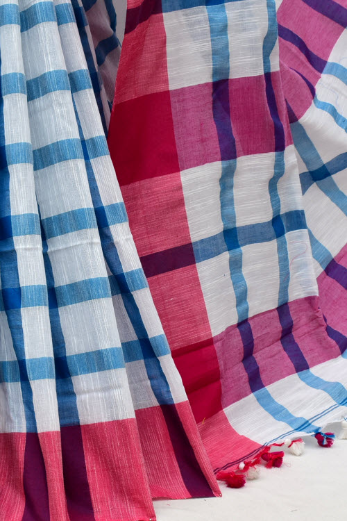 Red-Blue Handloom Soft Cotton Tant Saree