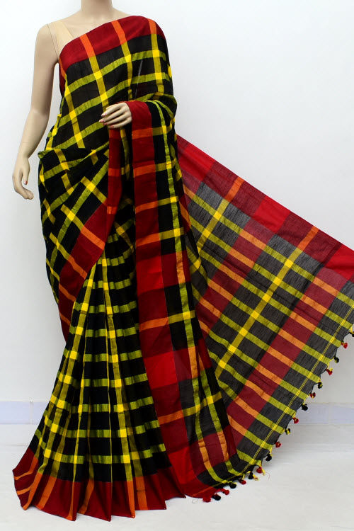 Red-Yellow-Black Handloom Soft Cotton Tant Saree