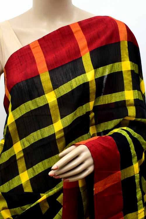 Red-Yellow-Black Handloom Soft Cotton Tant Saree