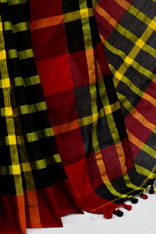 Red-Yellow-Black Handloom Soft Cotton Tant Saree