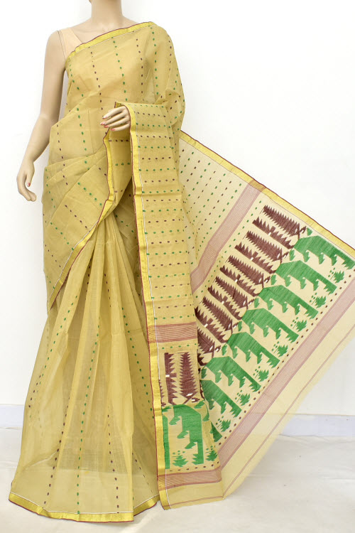 Beige Handwoven Thousand Booti Tant Cotton Saree