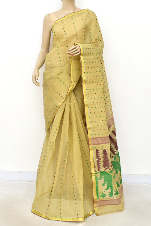 Beige Handwoven Thousand Booti Tant Cotton Saree