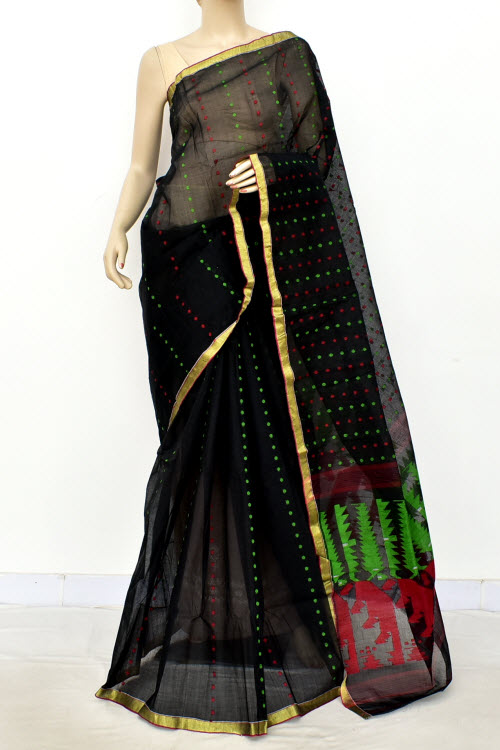 Black Handwoven Thousand Booti Tant Cotton Saree