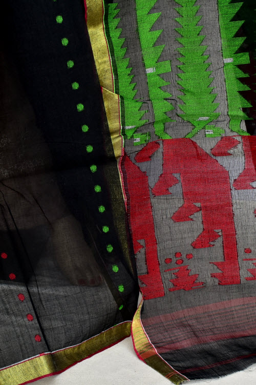 Black Handwoven Thousand Booti Tant Cotton Saree