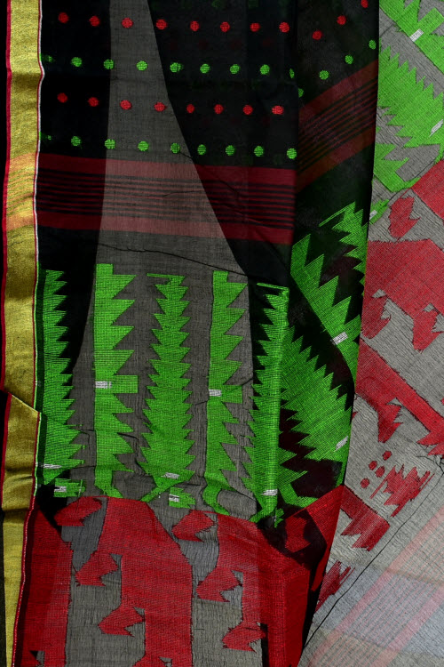 Black Handwoven Thousand Booti Tant Cotton Saree