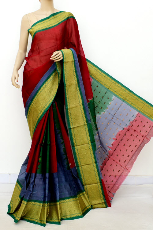 Red-Blue Handloom Tant Cotton Saree