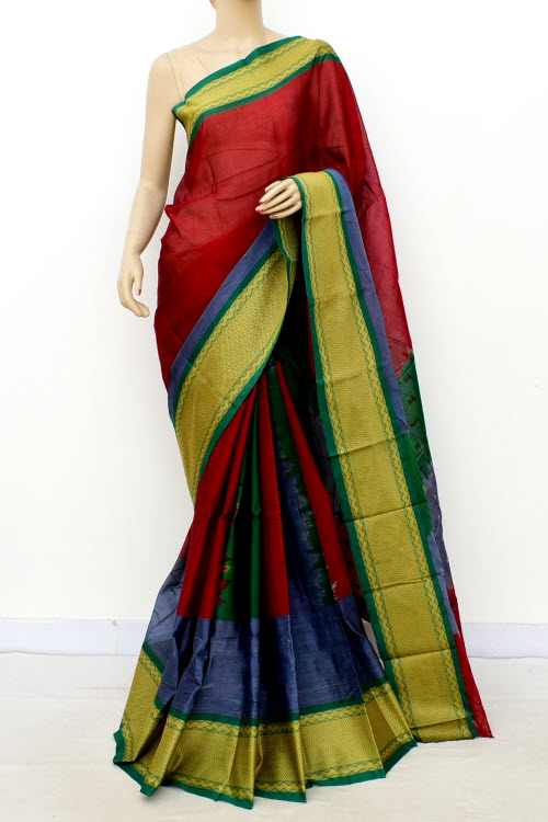 Red-Blue Handloom Tant Cotton Saree