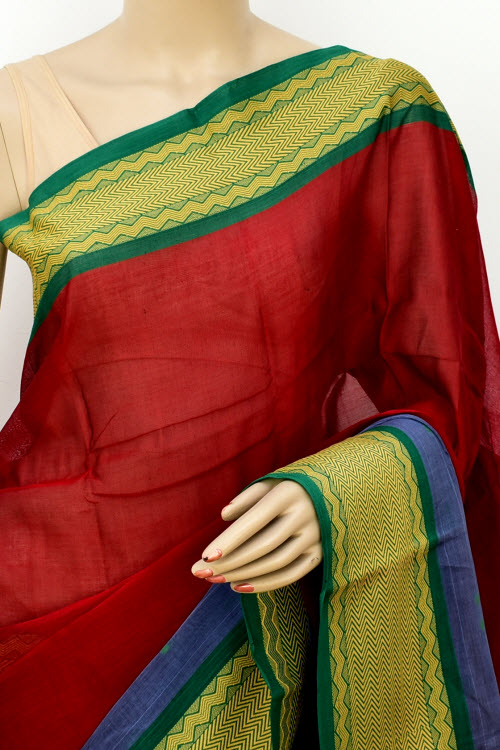 Red-Blue Handloom Tant Cotton Saree