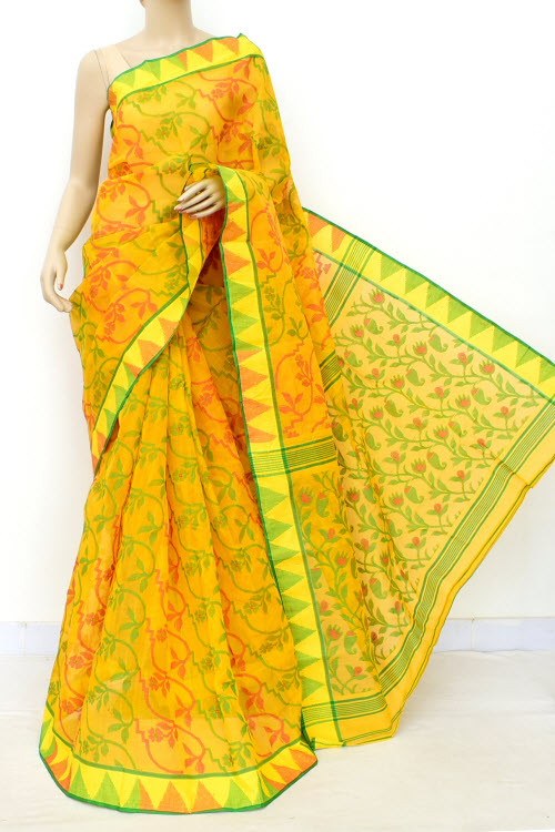 Yellow-Red Handloom Jamdani Tant Cotton Saree