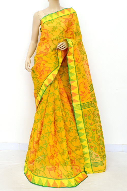 Yellow-Red Handloom Jamdani Tant Cotton Saree