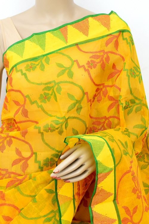 Yellow-Red Handloom Jamdani Tant Cotton Saree