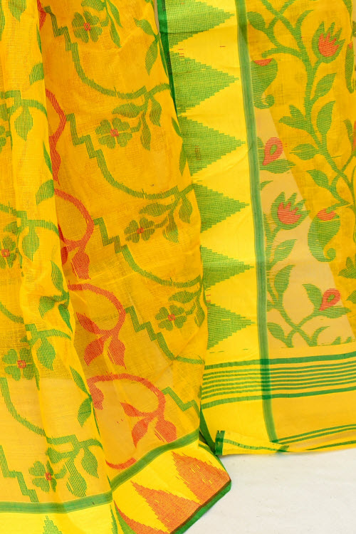Yellow-Red Handloom Jamdani Tant Cotton Saree