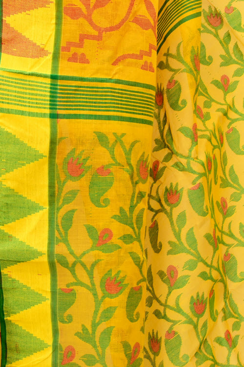 Yellow-Red Handloom Jamdani Tant Cotton Saree