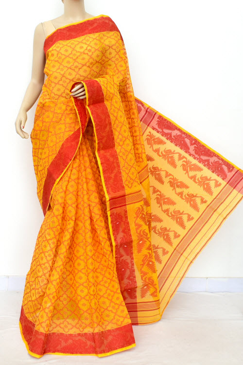 Turmeric Yellow-Red Handloom Jamdani Tant Cotton Saree
