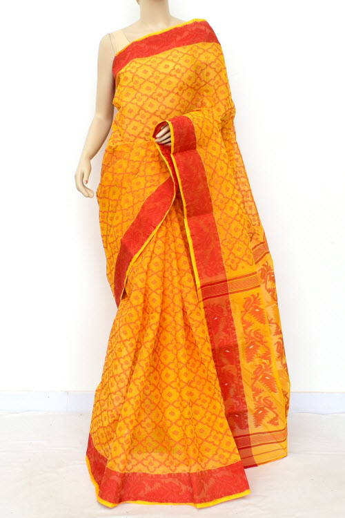 Turmeric Yellow-Red Handloom Jamdani Tant Cotton Saree