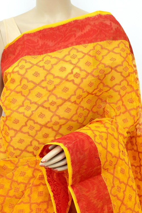 Turmeric Yellow-Red Handloom Jamdani Tant Cotton Saree