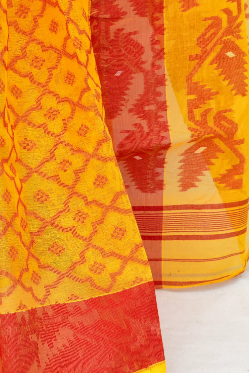 Turmeric Yellow-Red Handloom Jamdani Tant Cotton Saree