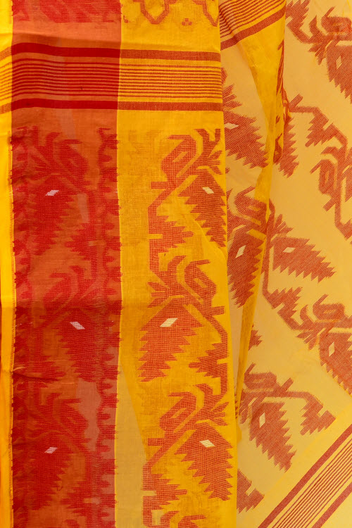 Turmeric Yellow-Red Handloom Jamdani Tant Cotton Saree