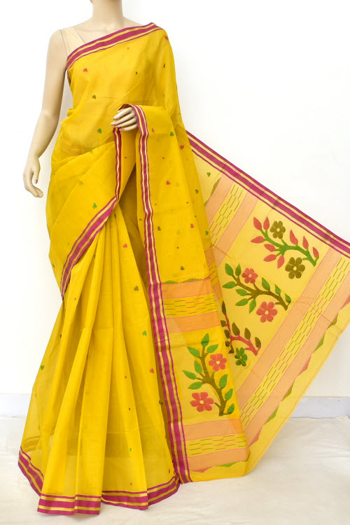 Yellow-Maroon Handloom Dhakai Jamdani Tant Cotton Saree
