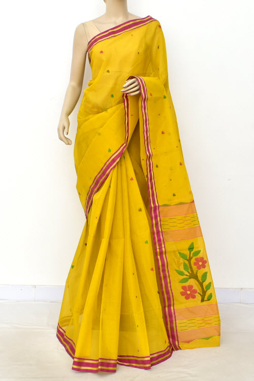 Yellow-Maroon Handloom Dhakai Jamdani Tant Cotton Saree