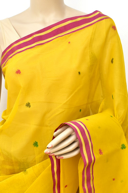 Yellow-Maroon Handloom Dhakai Jamdani Tant Cotton Saree