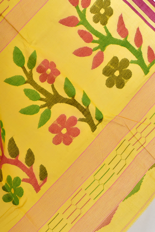 Yellow-Maroon Handloom Dhakai Jamdani Tant Cotton Saree