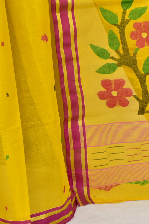 Yellow-Maroon Handloom Dhakai Jamdani Tant Cotton Saree