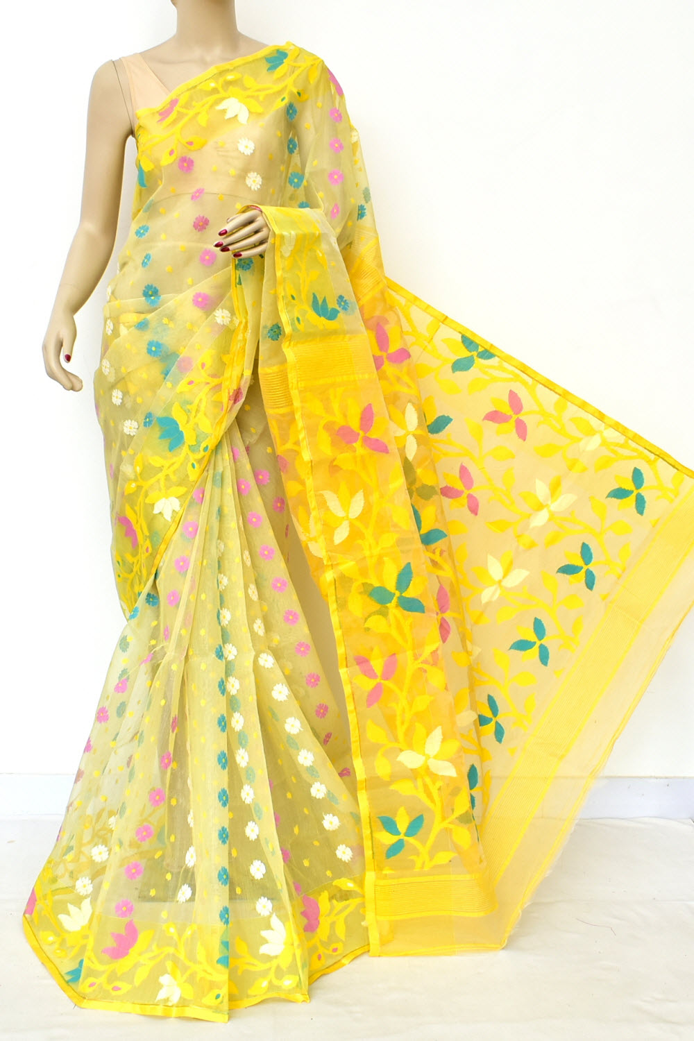 Butter Yellow Handloom Dhakai Jamdani Tant Cotton Saree