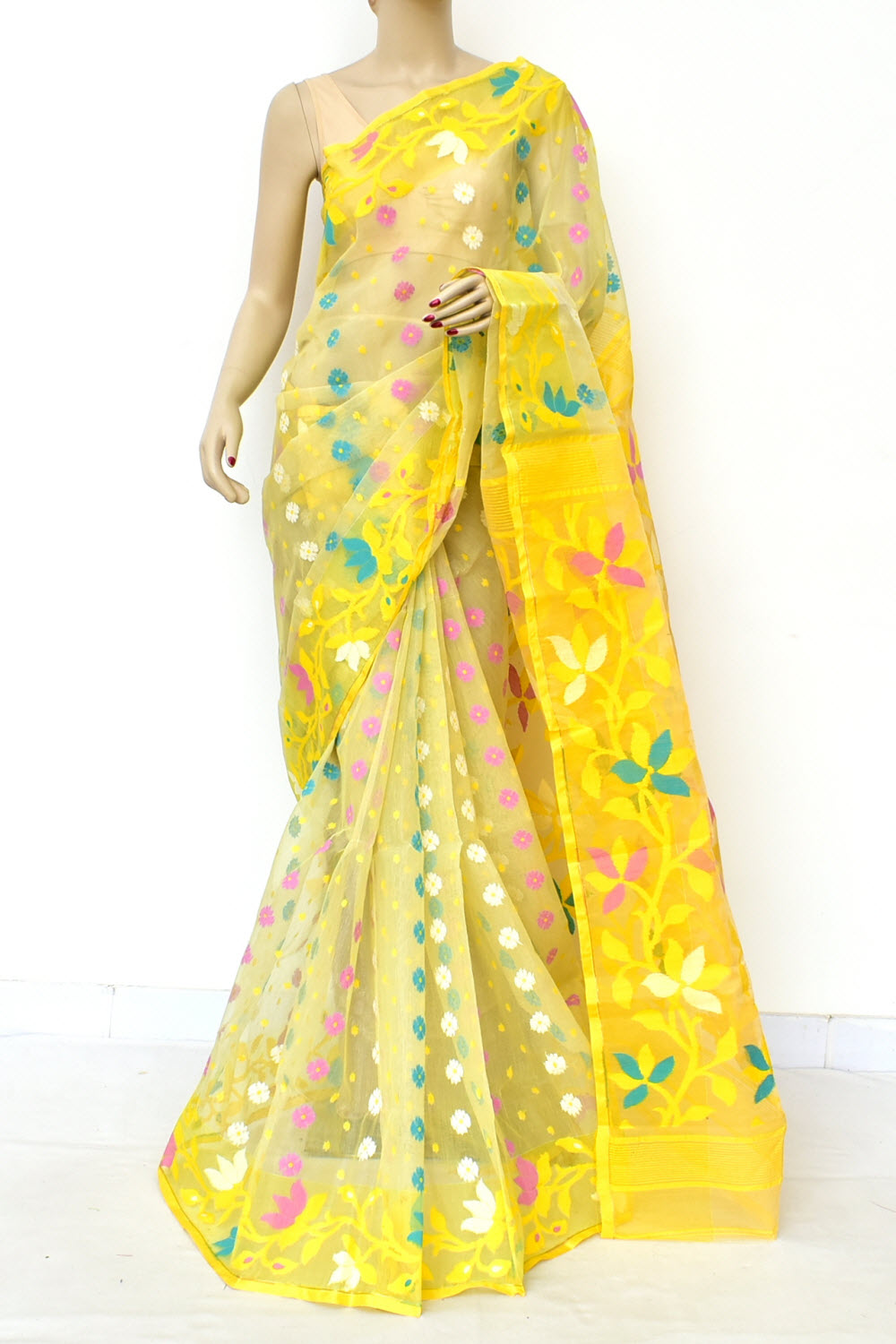 Butter Yellow Handloom Dhakai Jamdani Tant Cotton Saree