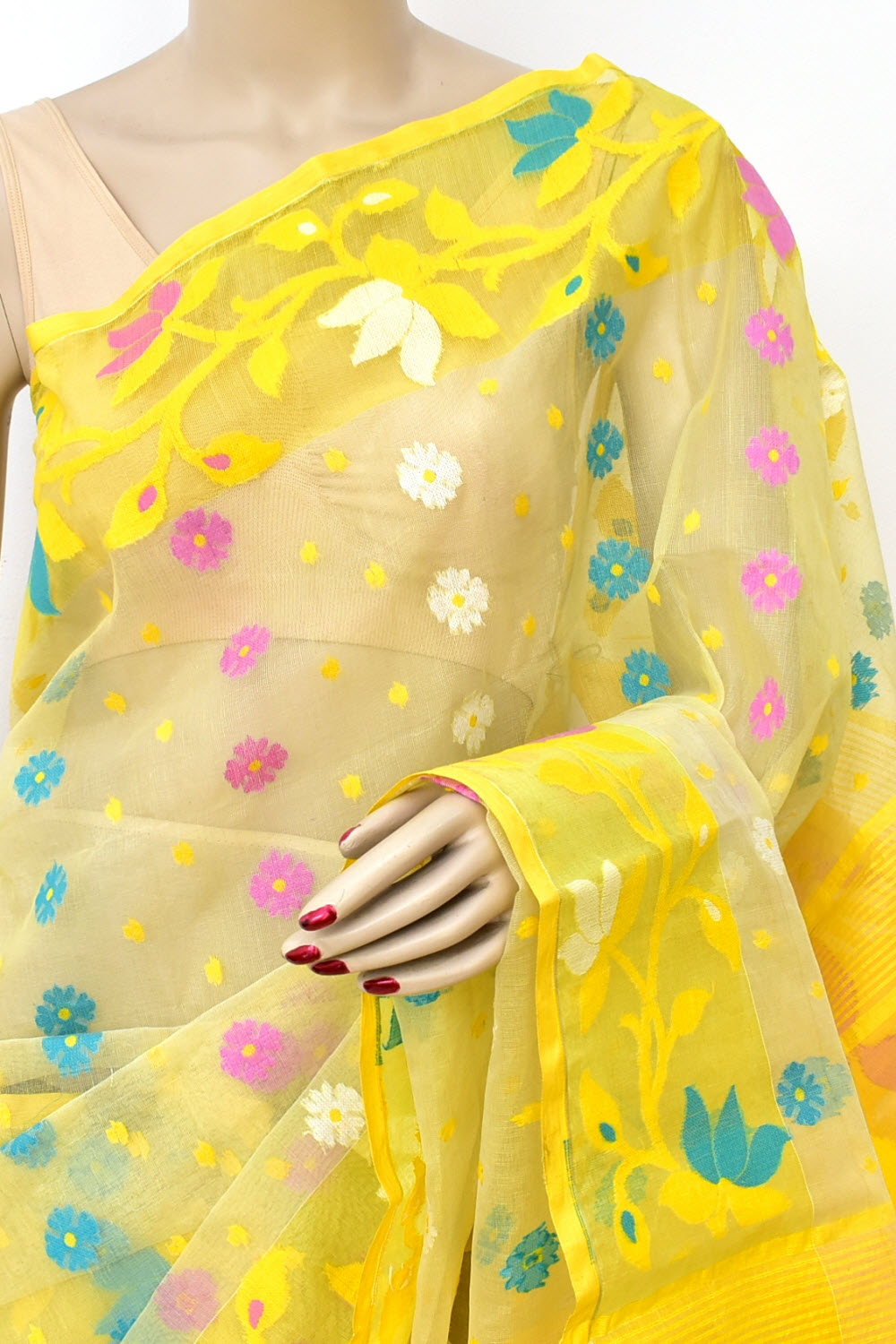 Butter Yellow Handloom Dhakai Jamdani Tant Cotton Saree