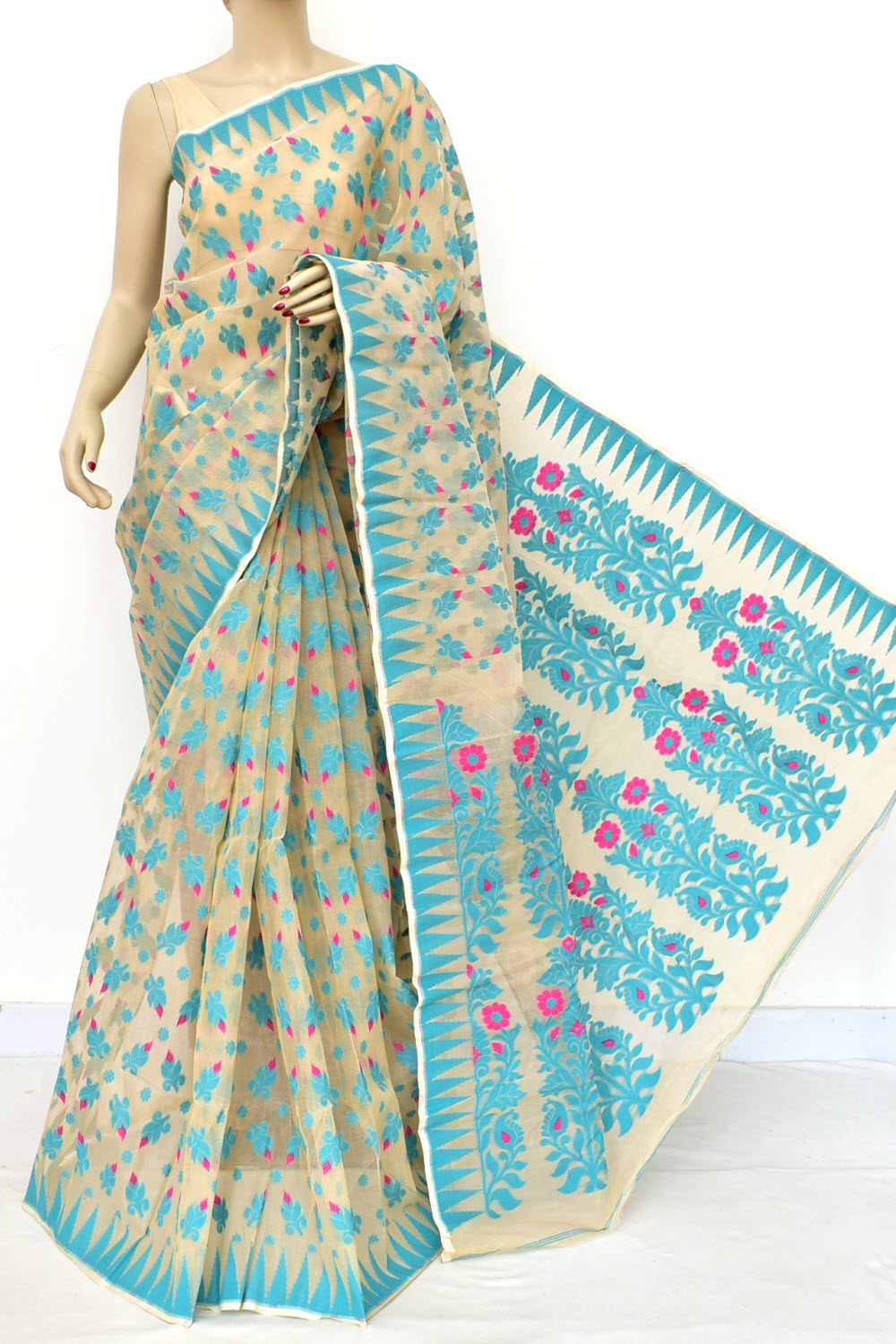 Pherozi Blue Handloom Dhakai Jamdani Tant Cotton Saree