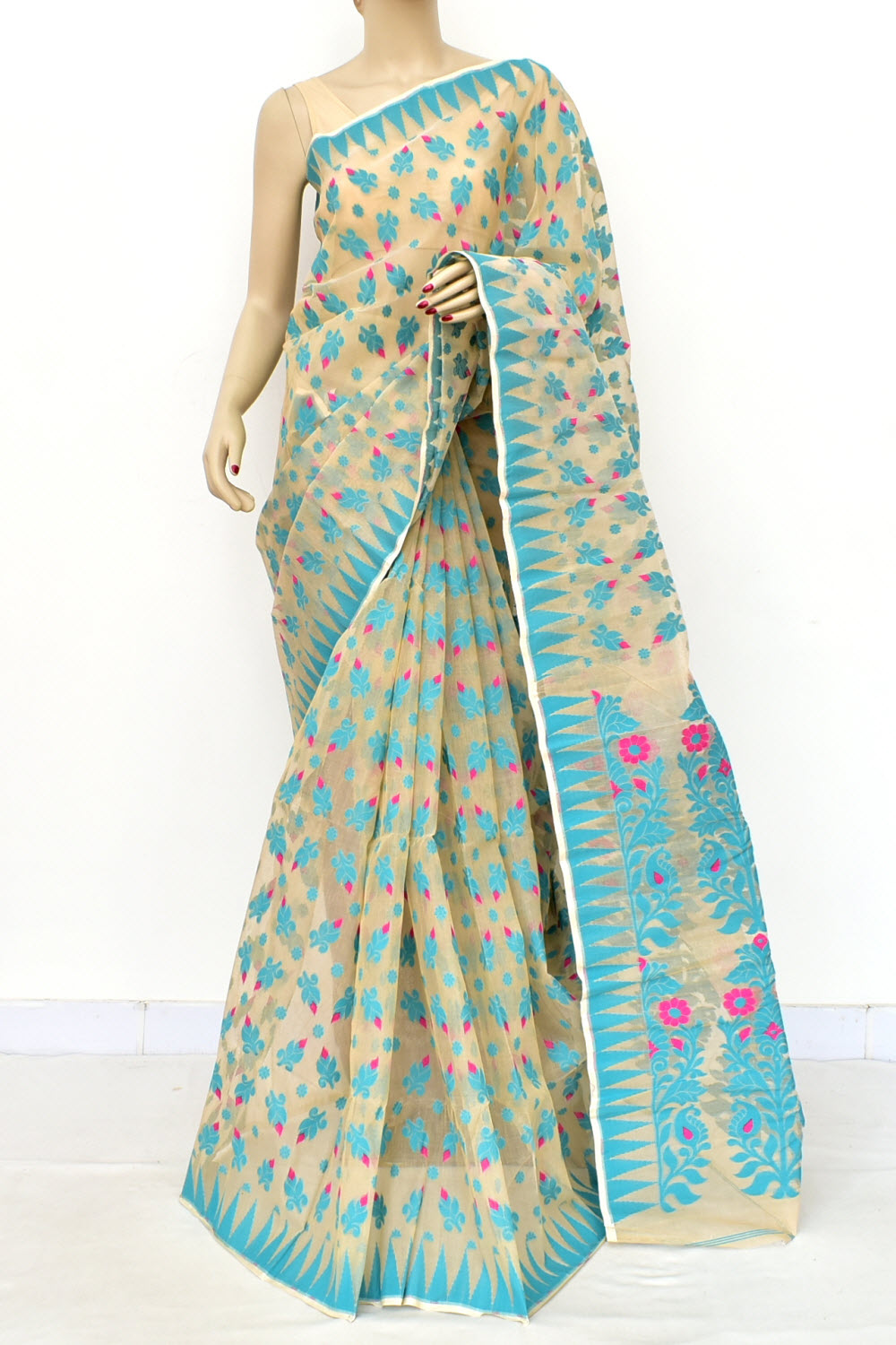 Pherozi Blue Handloom Dhakai Jamdani Tant Cotton Saree