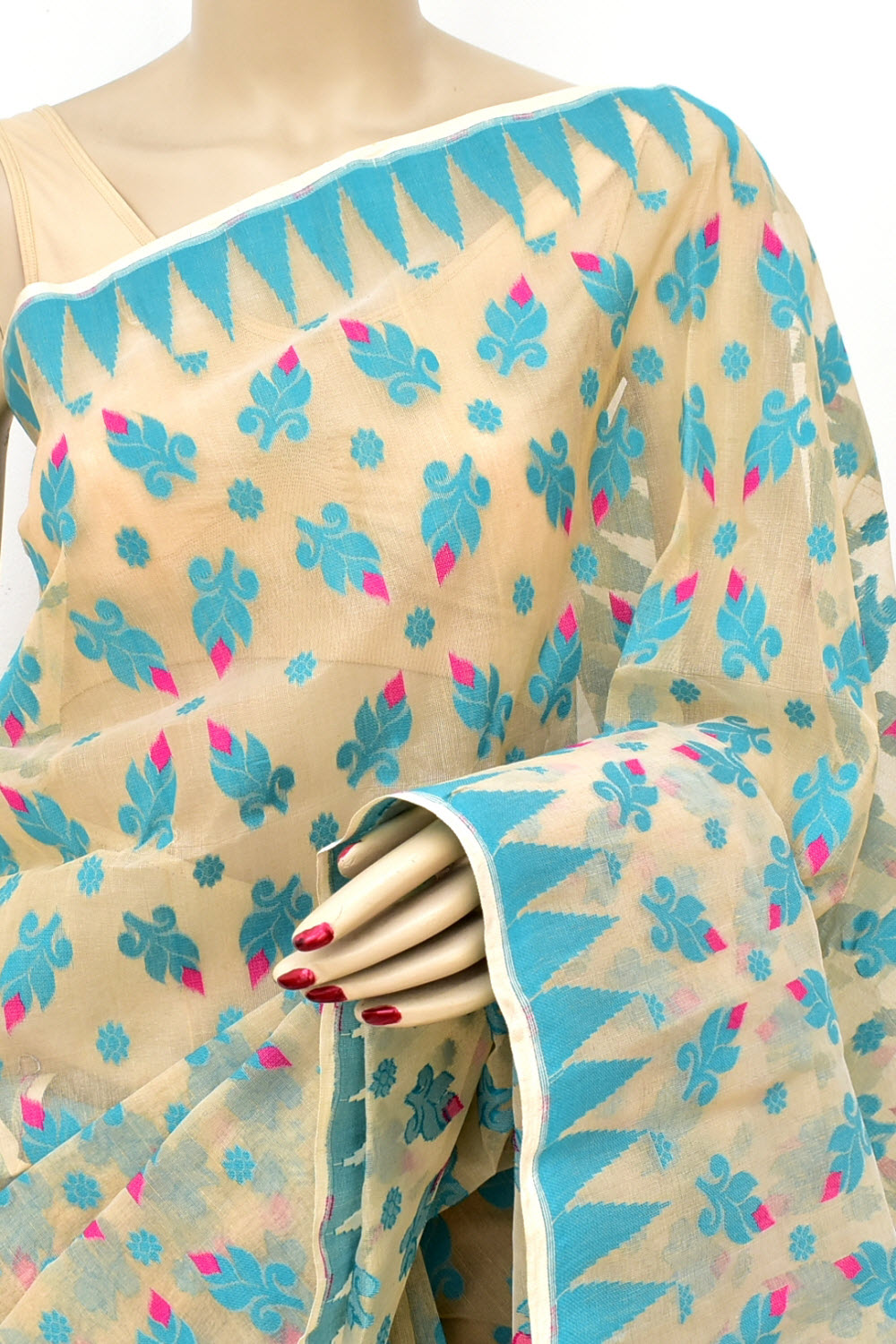 Pherozi Blue Handloom Dhakai Jamdani Tant Cotton Saree