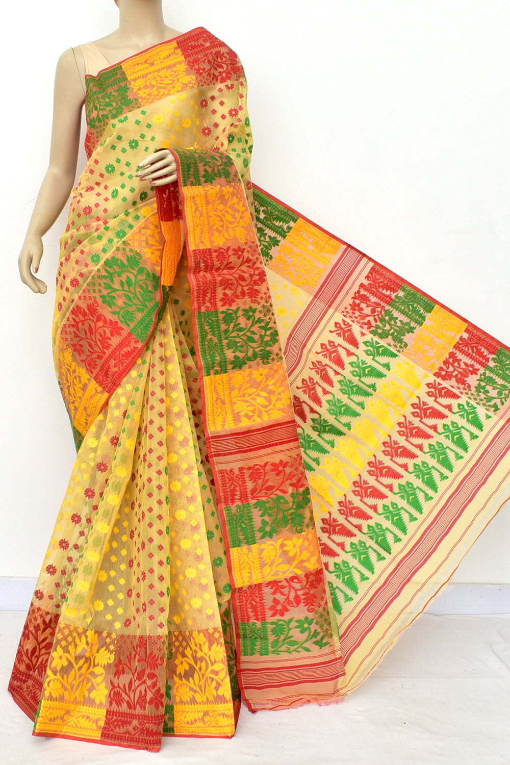 Yellow-Red Handloom Dhakai Jamdani Tant Cotton Saree