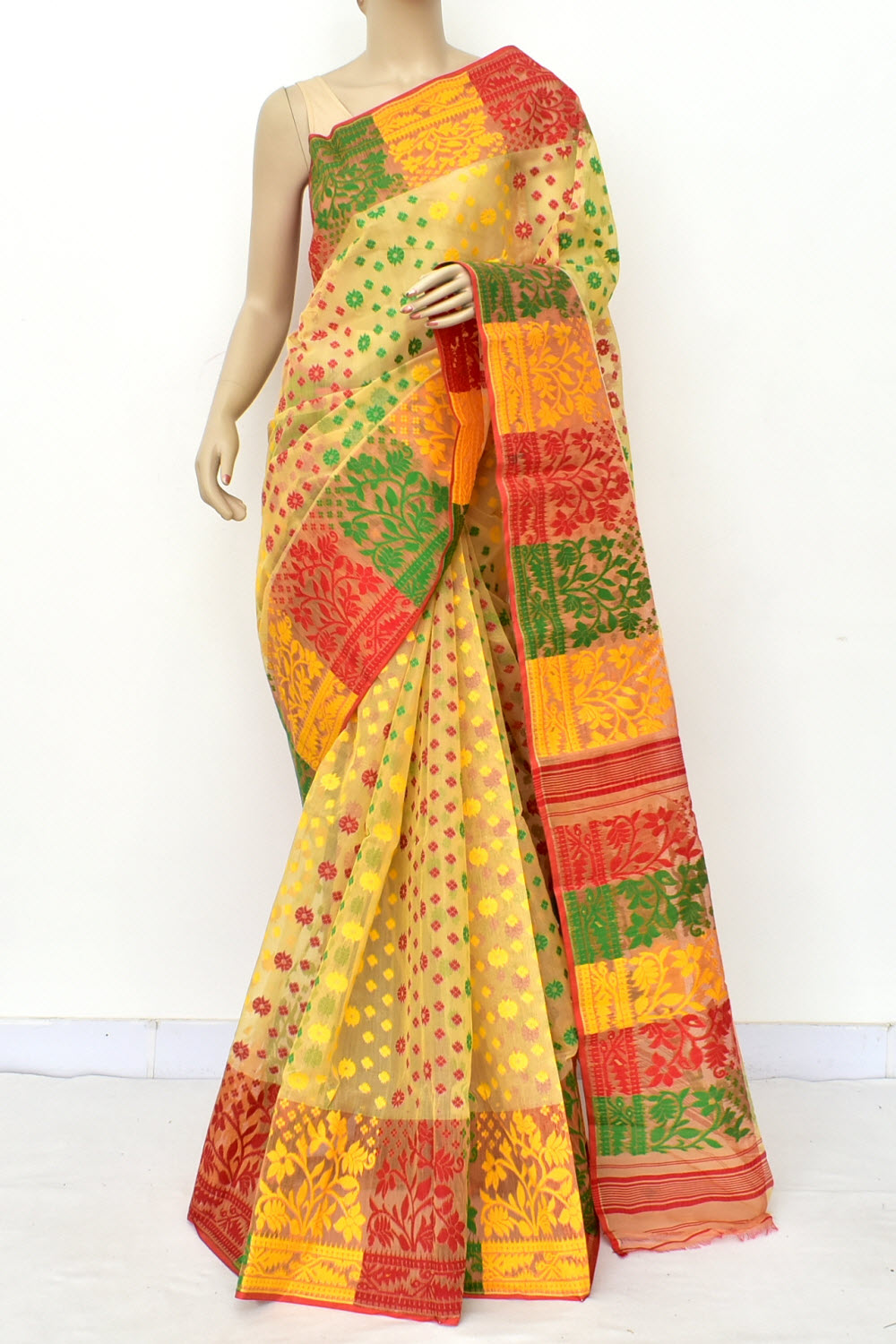 Yellow-Red Handloom Dhakai Jamdani Tant Cotton Saree
