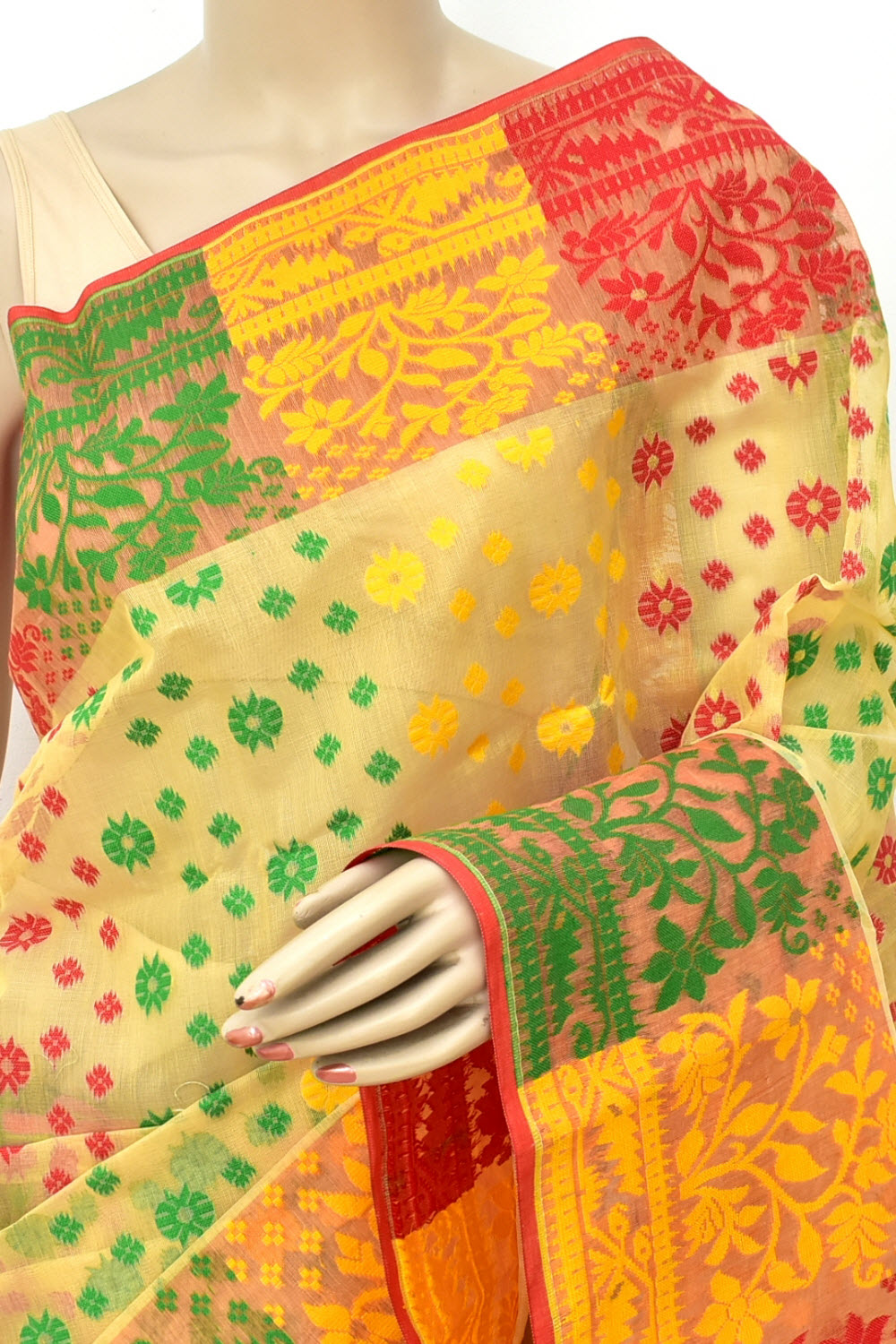 Yellow-Red Handloom Dhakai Jamdani Tant Cotton Saree