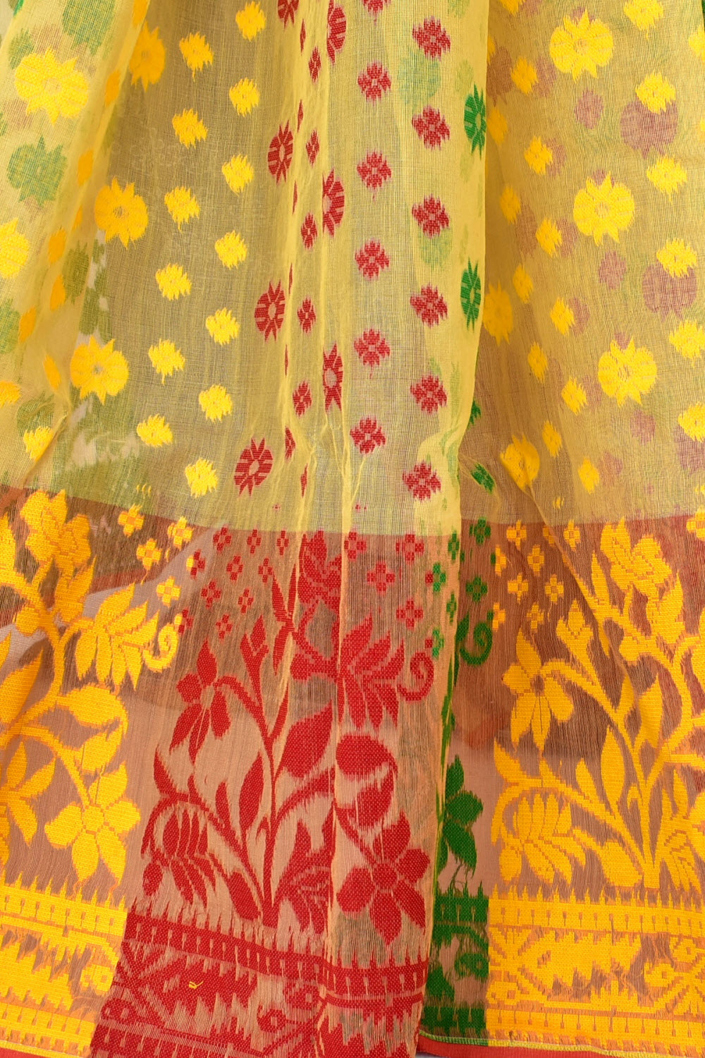 Yellow-Red Handloom Dhakai Jamdani Tant Cotton Saree