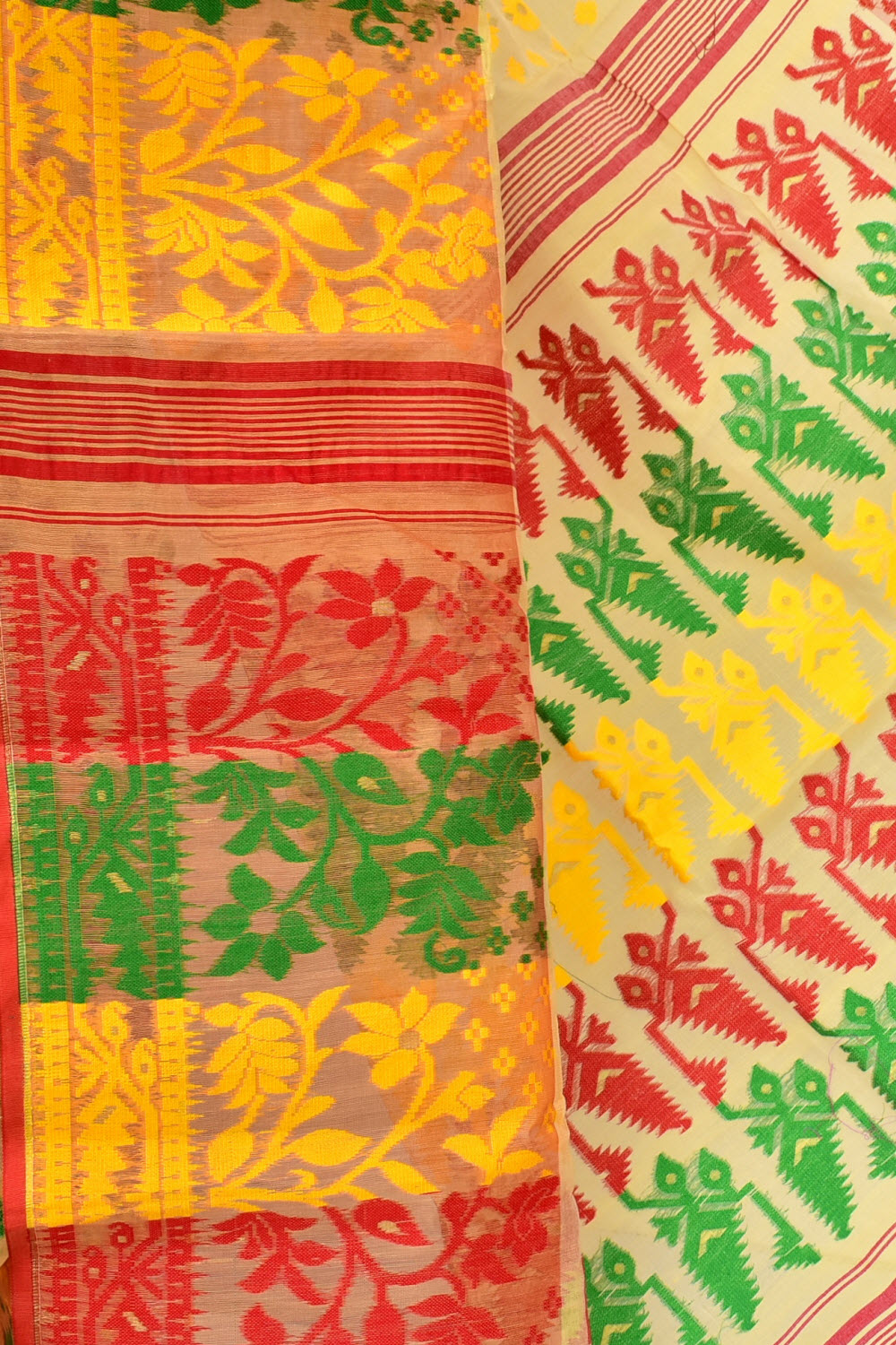 Yellow-Red Handloom Dhakai Jamdani Tant Cotton Saree