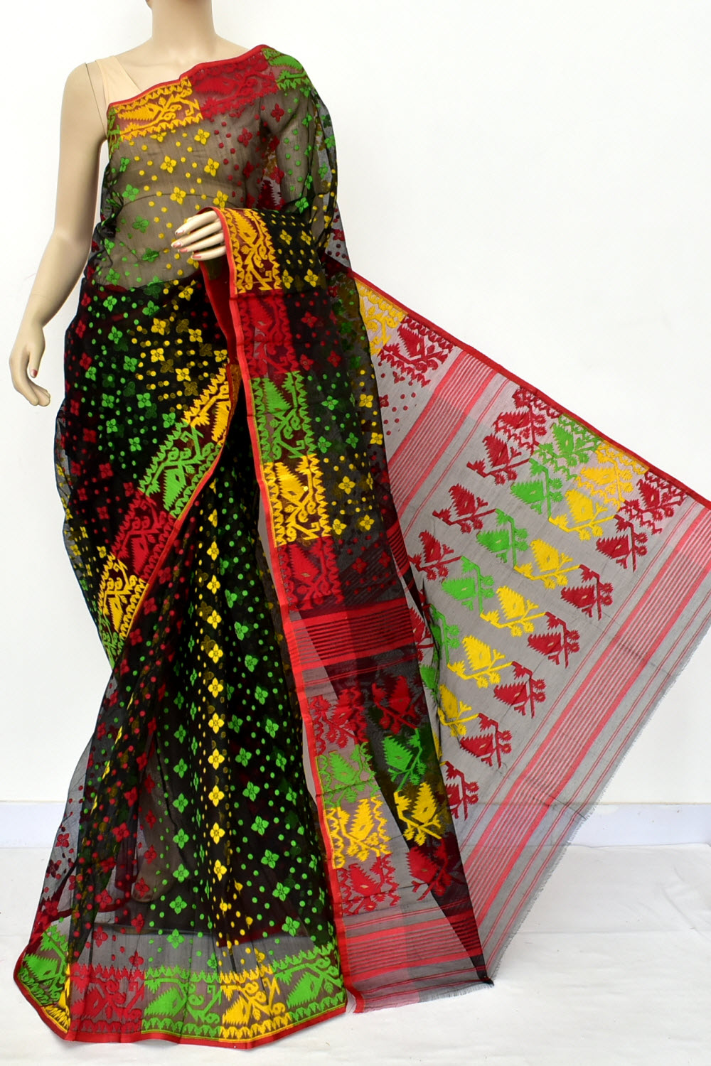 Black-Red Handloom Dhakai Jamdani Tant Cotton Saree