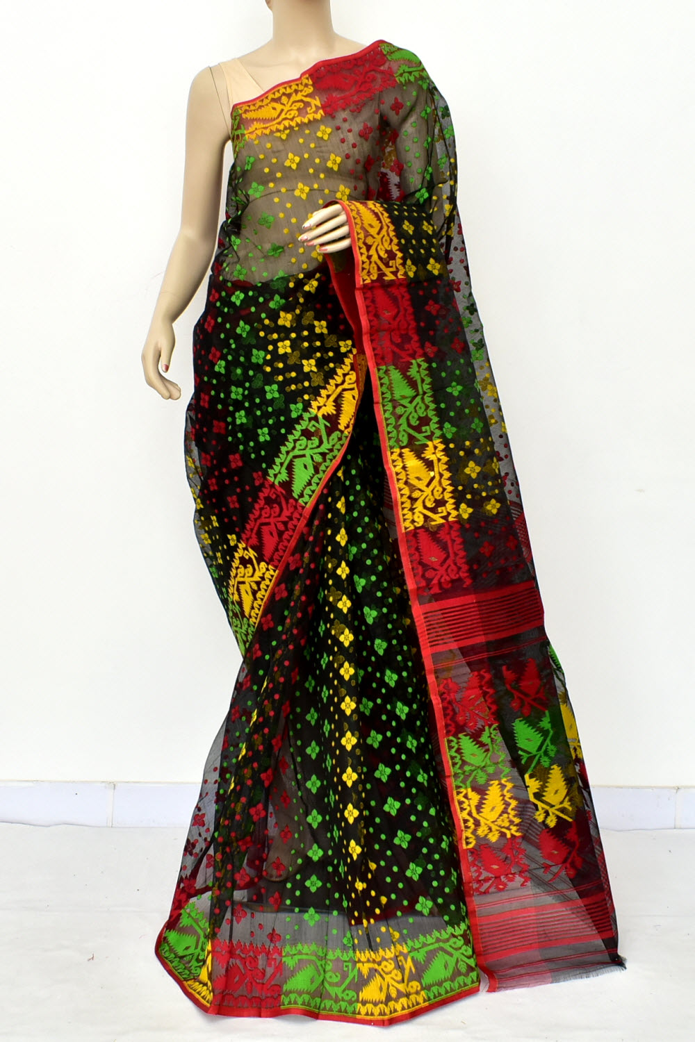 Black-Red Handloom Dhakai Jamdani Tant Cotton Saree