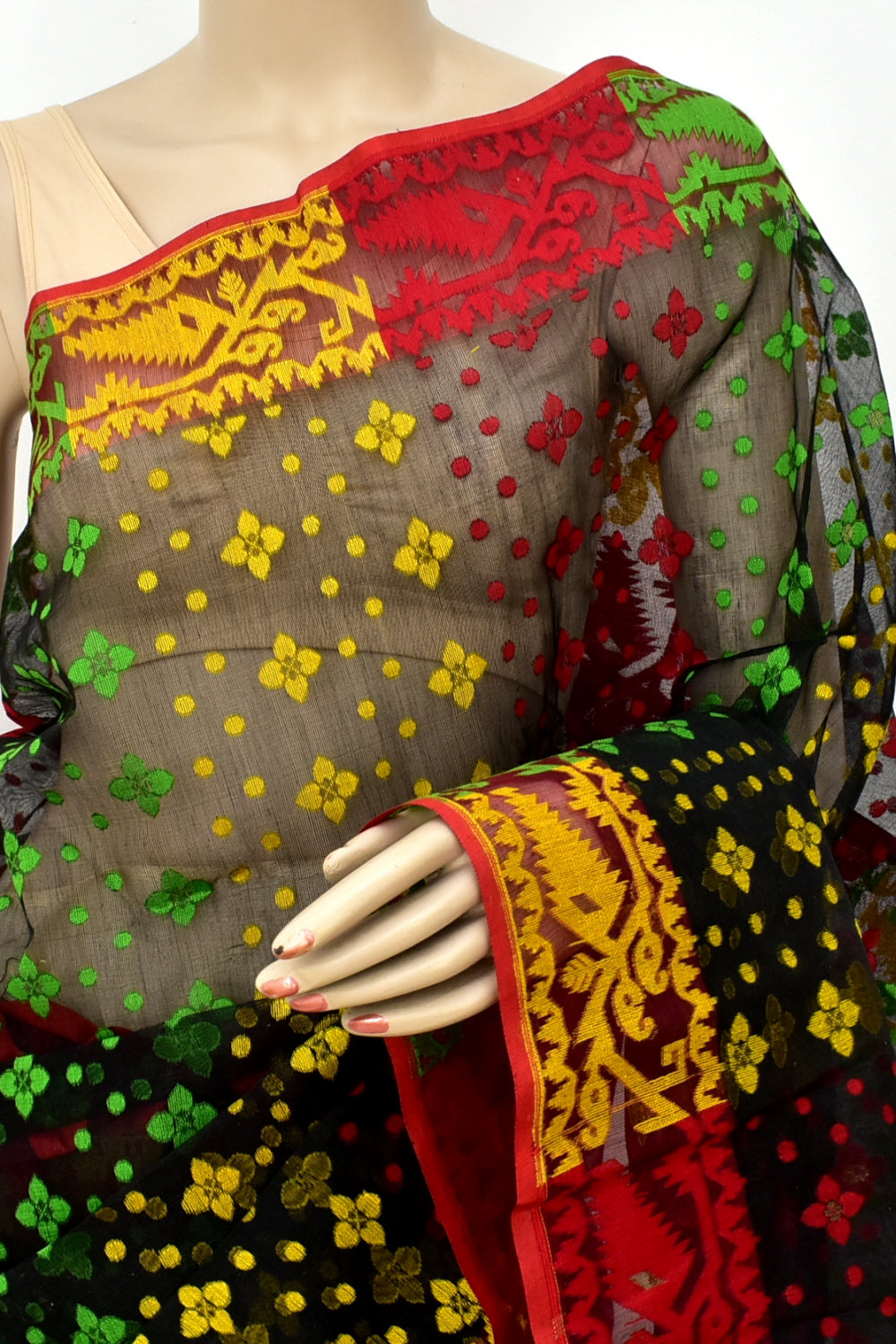 Black-Red Handloom Dhakai Jamdani Tant Cotton Saree