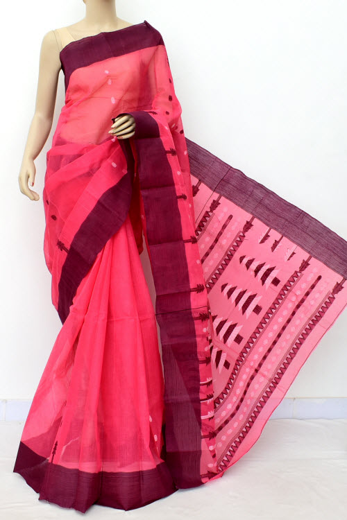 Peach-Maroon Handloom Tant Cotton Saree without Blouse 17778