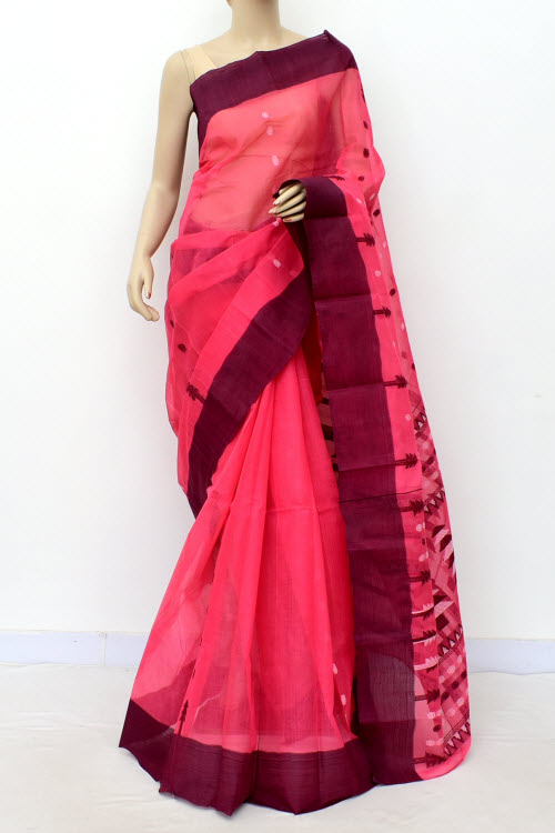 Peach-Maroon Handloom Tant Cotton Saree without Blouse 17778