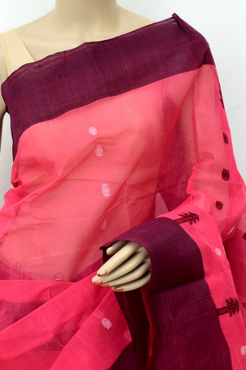 Peach-Maroon Handloom Tant Cotton Saree without Blouse 17778