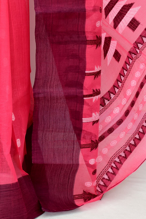 Peach-Maroon Handloom Tant Cotton Saree without Blouse 17778