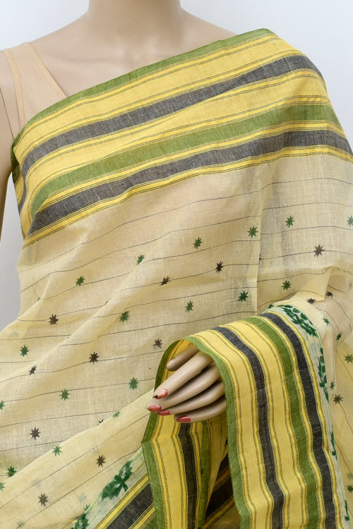 Beige Handwoven Printed Tant Cotton Saree 17809