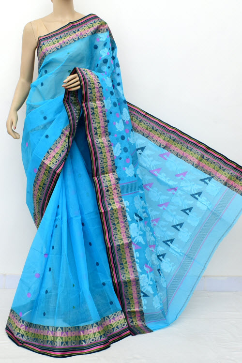 Pherozi Blue Handloom Tant Cotton Saree