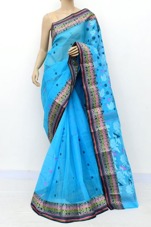 Pherozi Blue Handloom Tant Cotton Saree